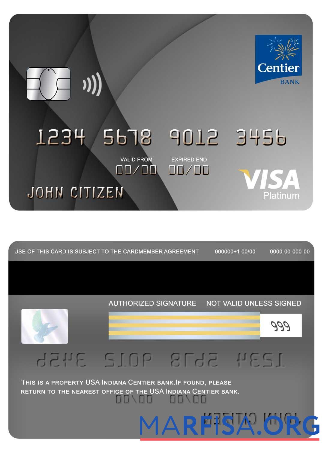 Realistic USA Indiana Centier bank visa platinum card download for verification